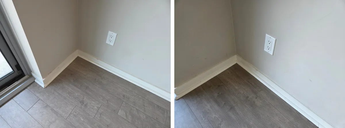 Bedroom baseboard corner in an empty Toronto condo before and after move-in cleaning