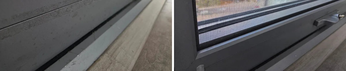 Grimy window frame and track in a Toronto condo before and after move-in cleaning