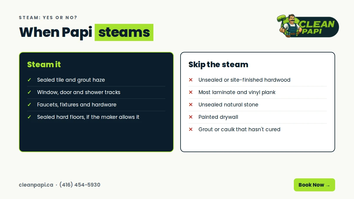 Where to steam clean after a renovation: sealed tile, grout, tracks and fixtures; where to skip steam: unsealed hardwood, laminate, vinyl plank, unsealed stone, painted drywall and uncured grout